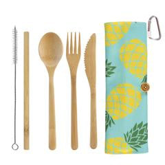 Sustainable wooden utensil set with pineapple print bag