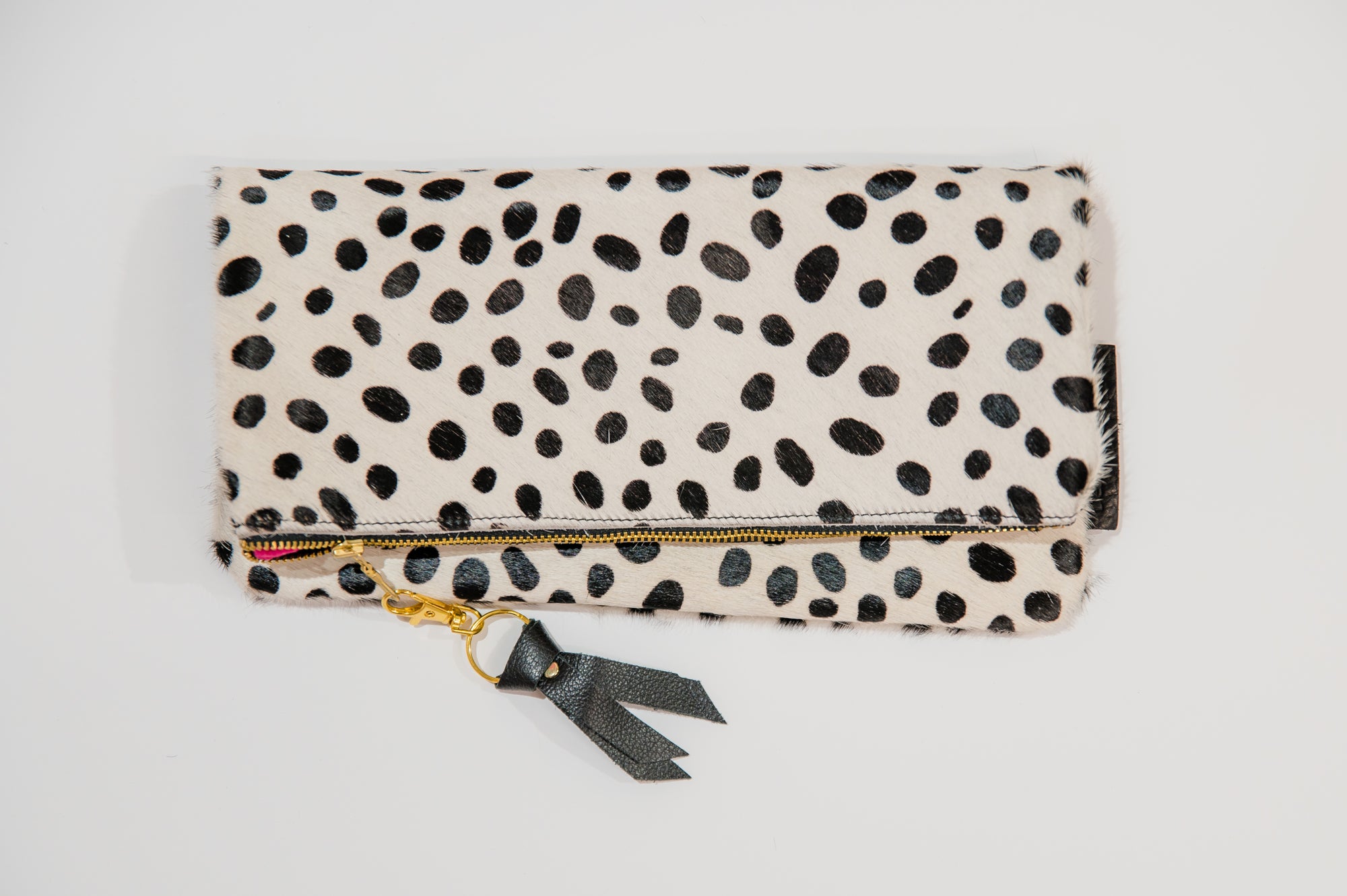 Hair on Leather Foldover Clutch White and Black Cheetah