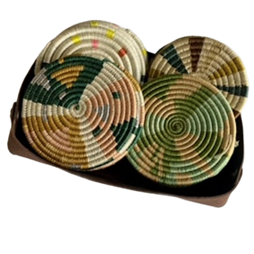 Woven multicolored coasters made in Rwanda