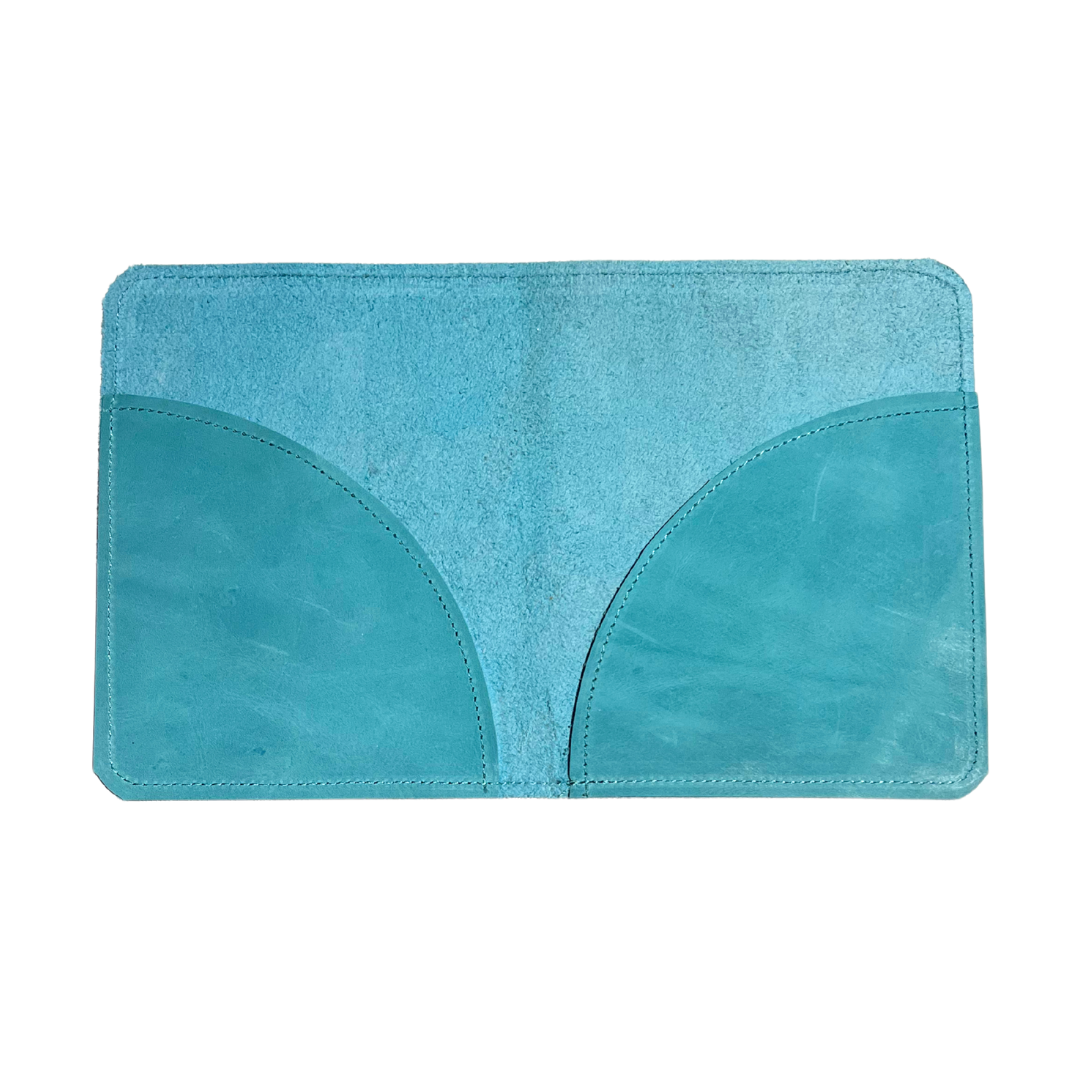 Open aqua blue card holder on a white background