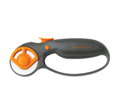 A 45mm rotary cutter tool with an orange and gray plastic handle and blade, displayed on a white background