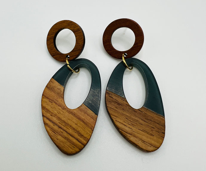 Wood and Resin Oval Tear Drop Earrings