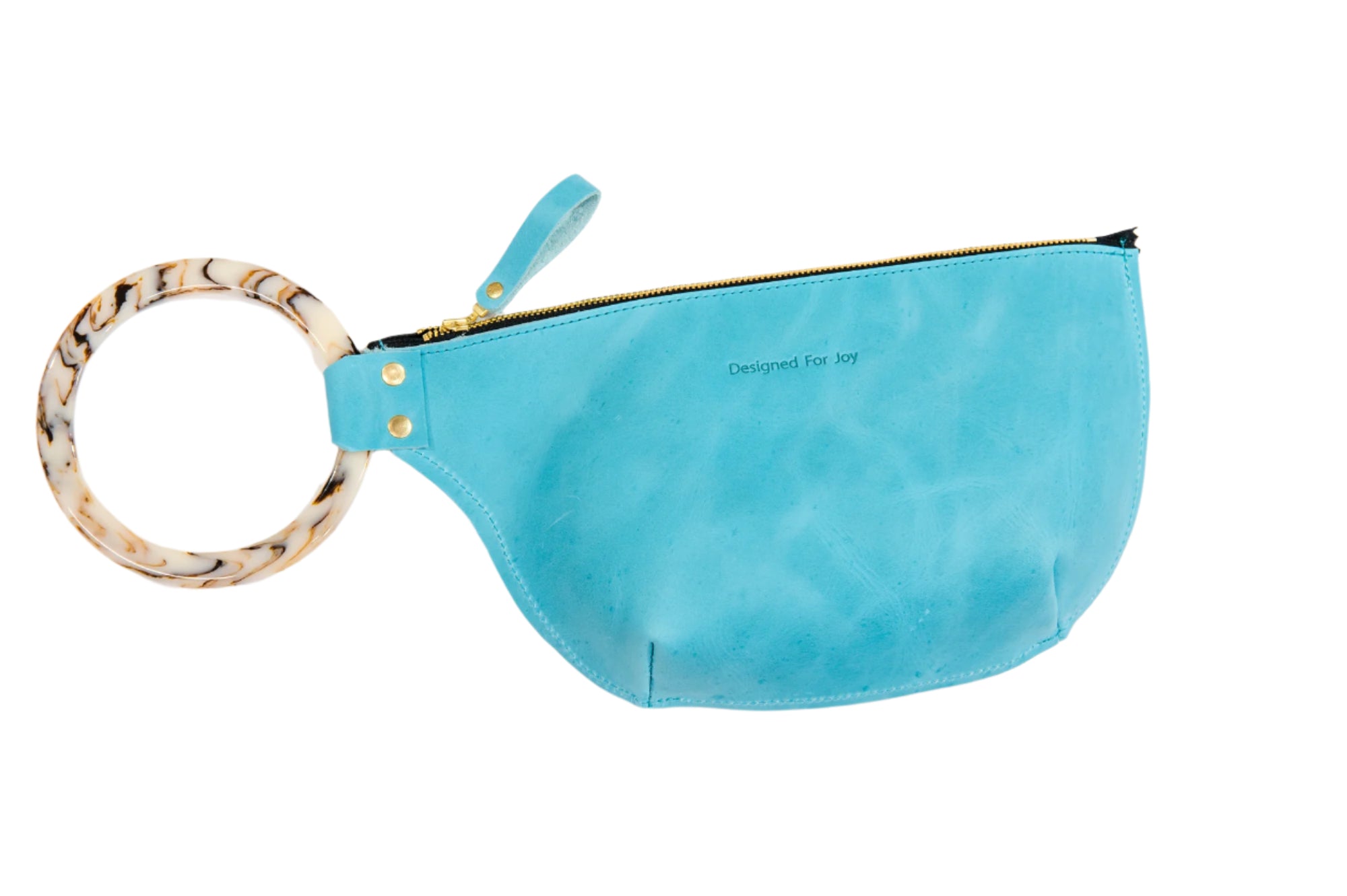 Aqua blue wristlet handbag with a smooth resin handle and a zippered compartment, displayed on a white background