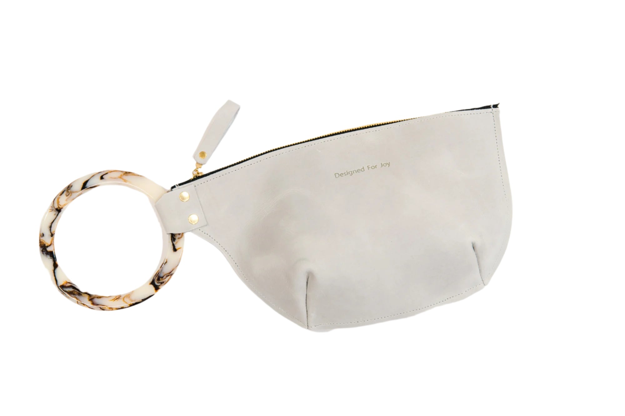 Gray wristlet handbag with a smooth resin handle and a zippered compartment, displayed on a white background