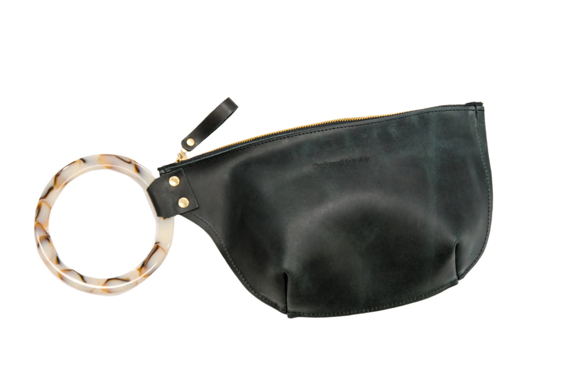 Black wristlet handbag with a smooth resin handle and a zippered compartment, displayed on a white background
