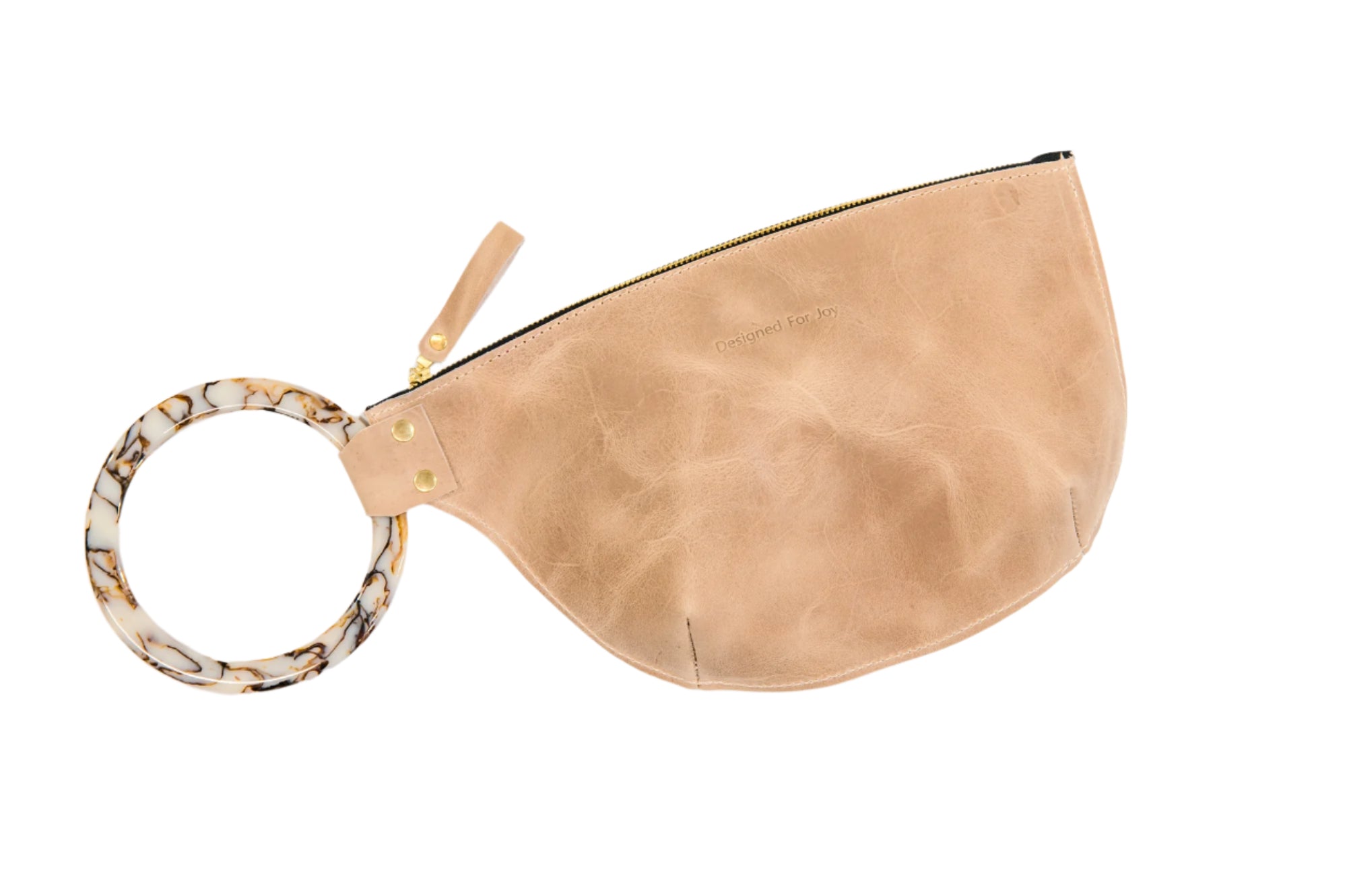 Tan wristlet handbag with a smooth resin handle and a zippered compartment, displayed on a white background