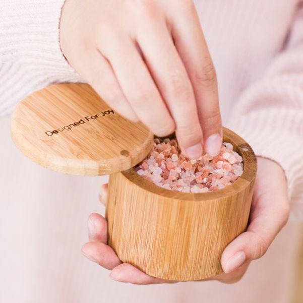 Bamboo salt box with pink himilayan salt
